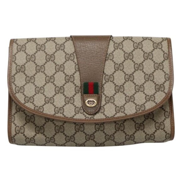 GUCCI GG Supreme Clutch Bag PVC Leather Beige Green Red Auth 112988 - Picture 1 of 12